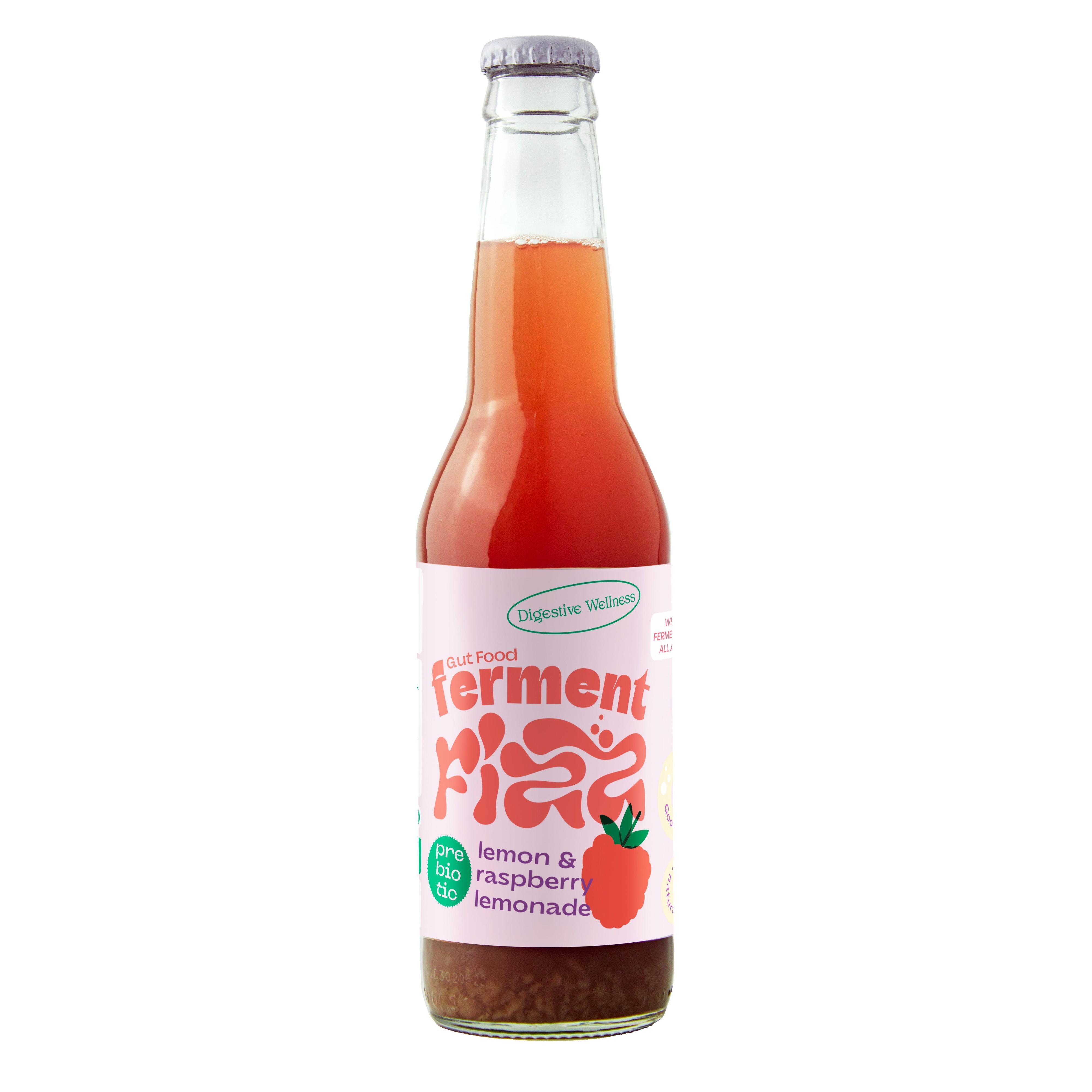Ferment Fizz Lemon & Raspberry Lemonade in a clear glass bottle with a pink label.