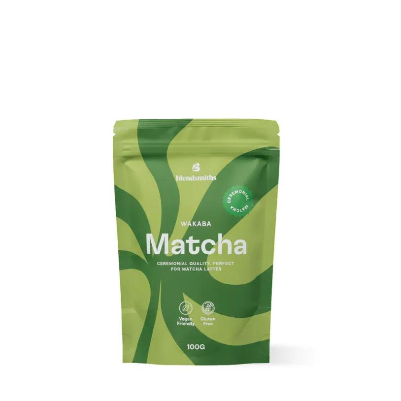 Blendsmiths Wakaba Ceremonial Matcha 100g pouch, vibrant green with white text and logos.