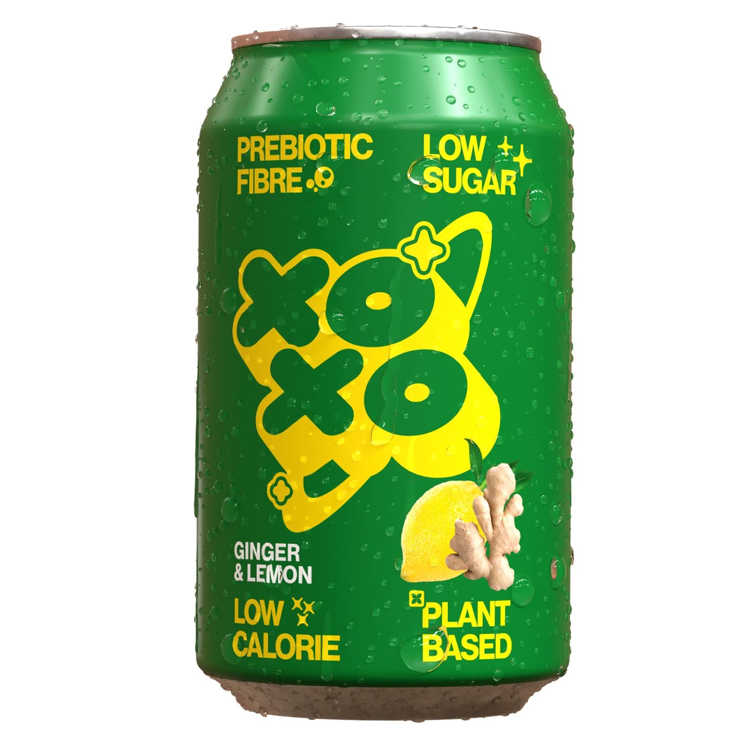 Dewy green XOXO Lemon + Ginger prebiotic soda can with yellow logo, lemon, and ginger.