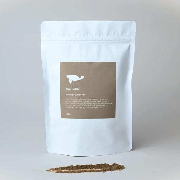 White Marna Hojicha 250gm pouch with brown label, roasted green tea powder below.