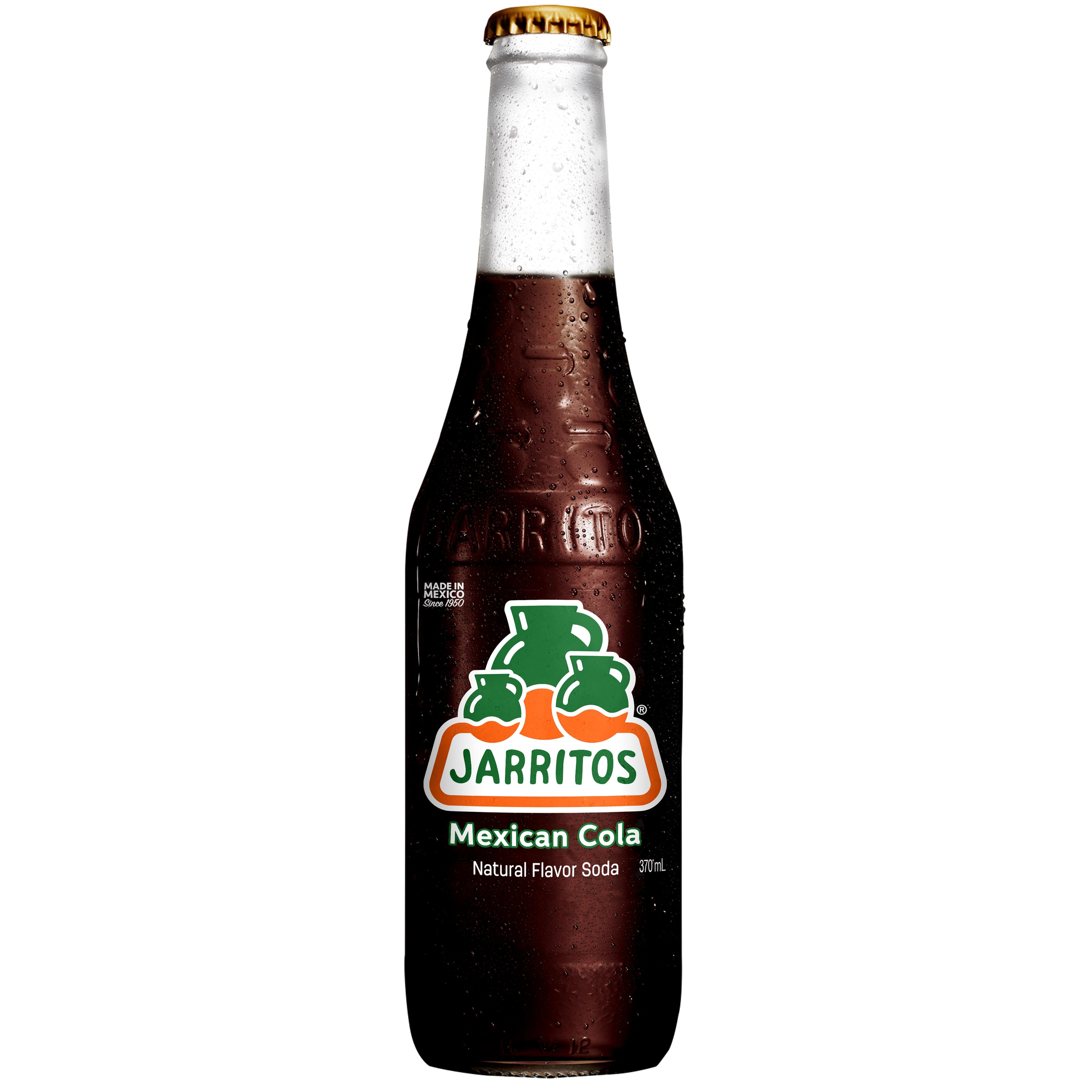 Sweaty Jarritos Mexican Cola 370ml glass bottle with green label, orange logo, and gold cap.