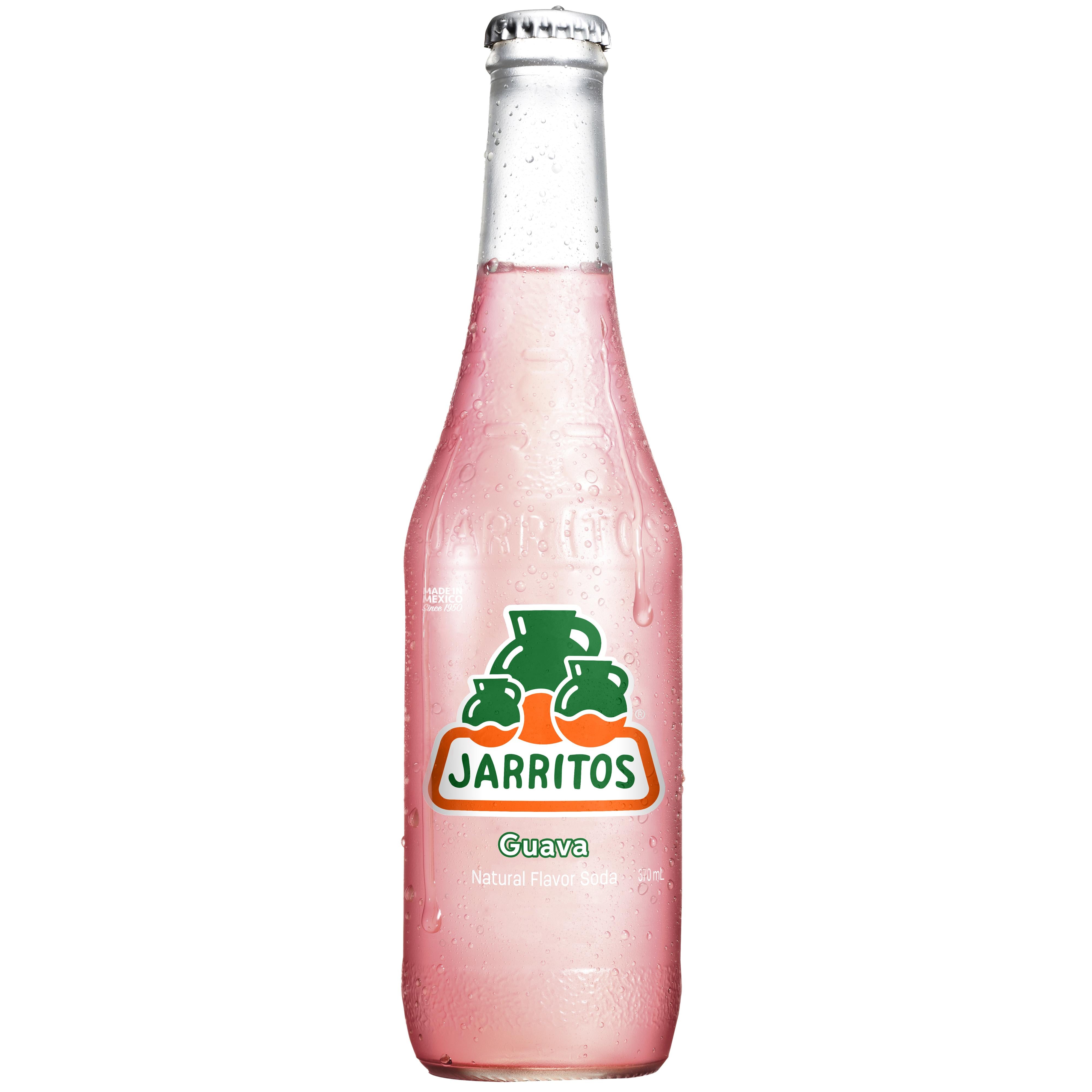 Chilled Jarritos Guava 370ml soda bottle with pink liquid, green logo, and condensation.