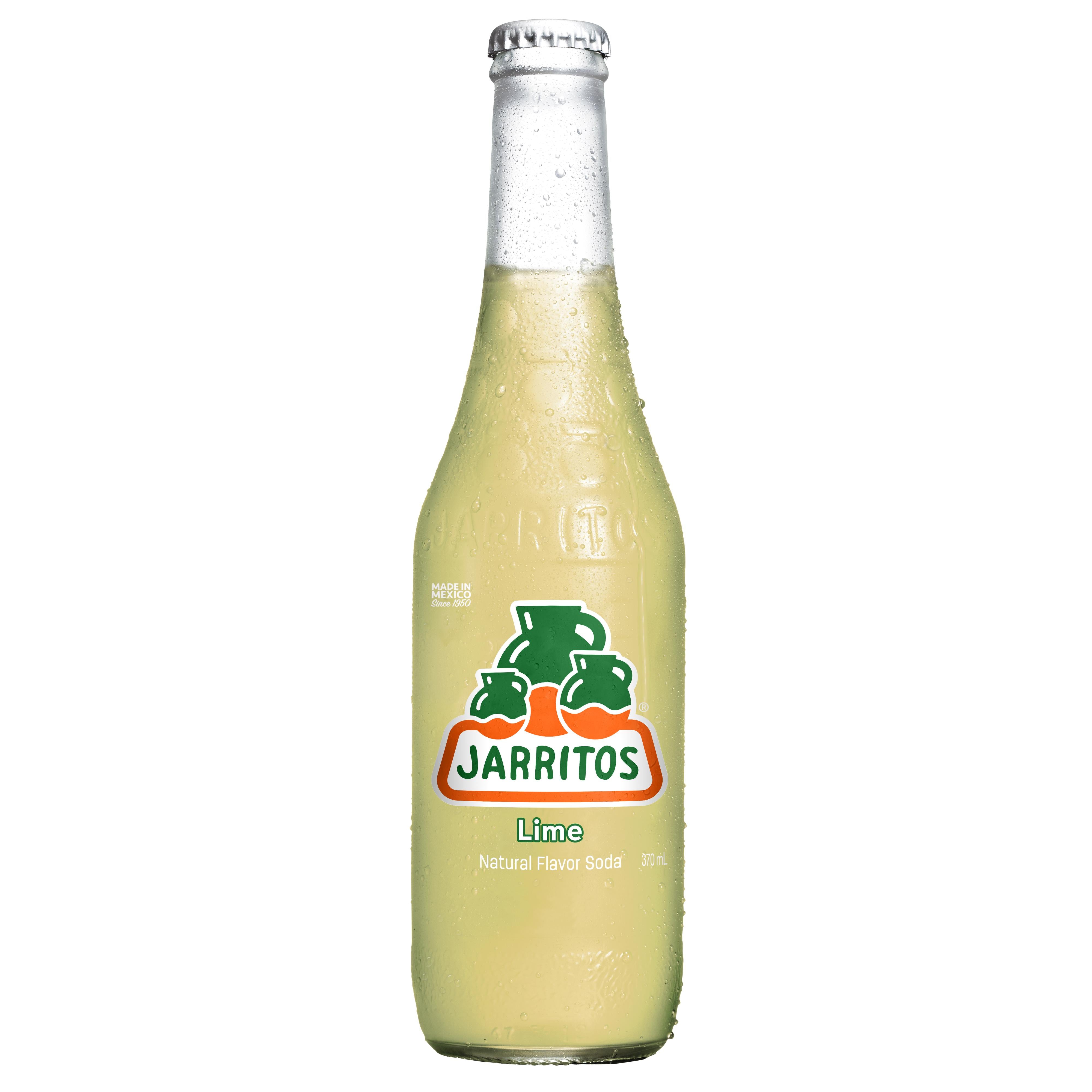 Sweaty Jarritos Lime 370ml glass bottle with green and orange label, silver cap.