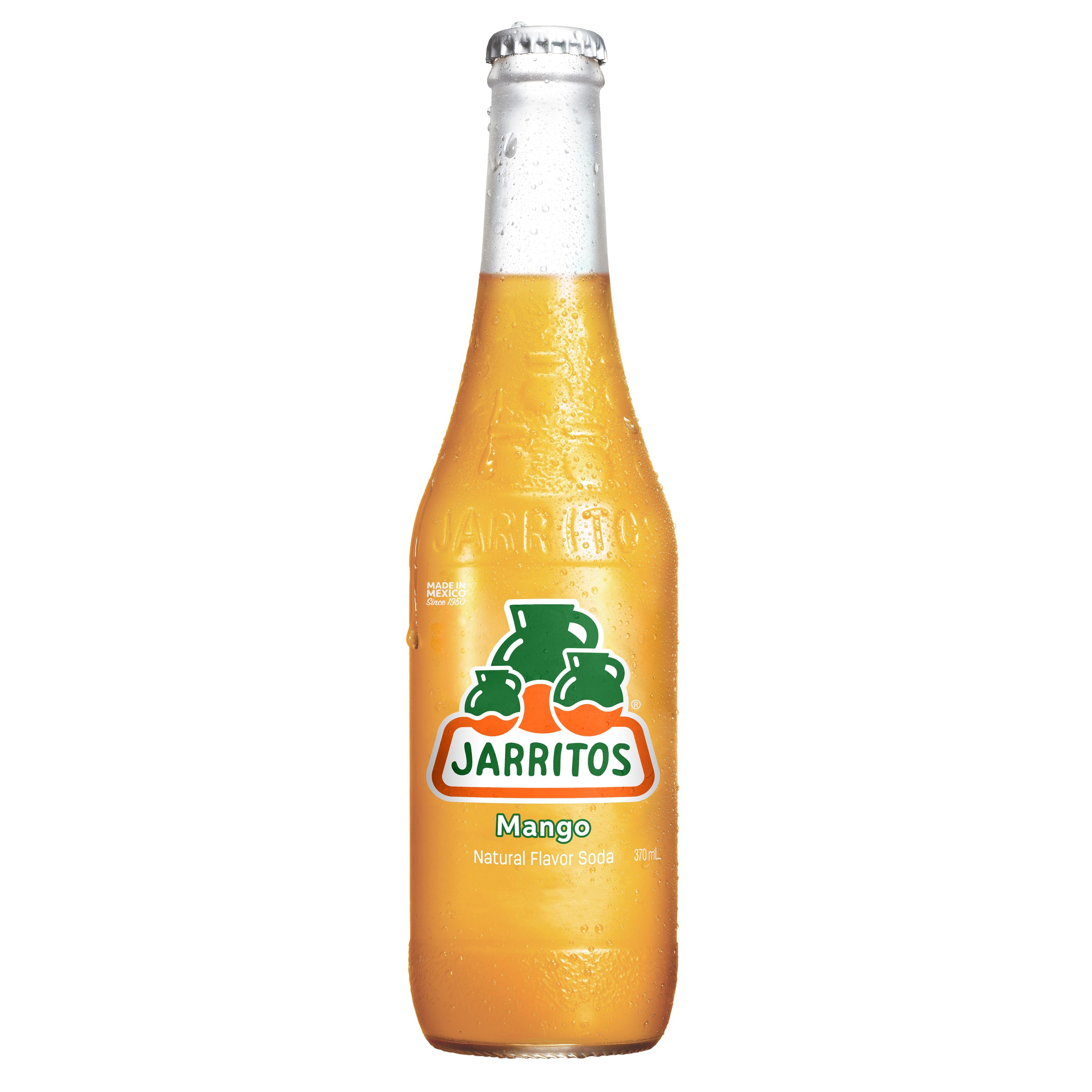 Jarritos Mango natural flavor soda in a cold, condensation-covered 370ml glass bottle with a silver cap.