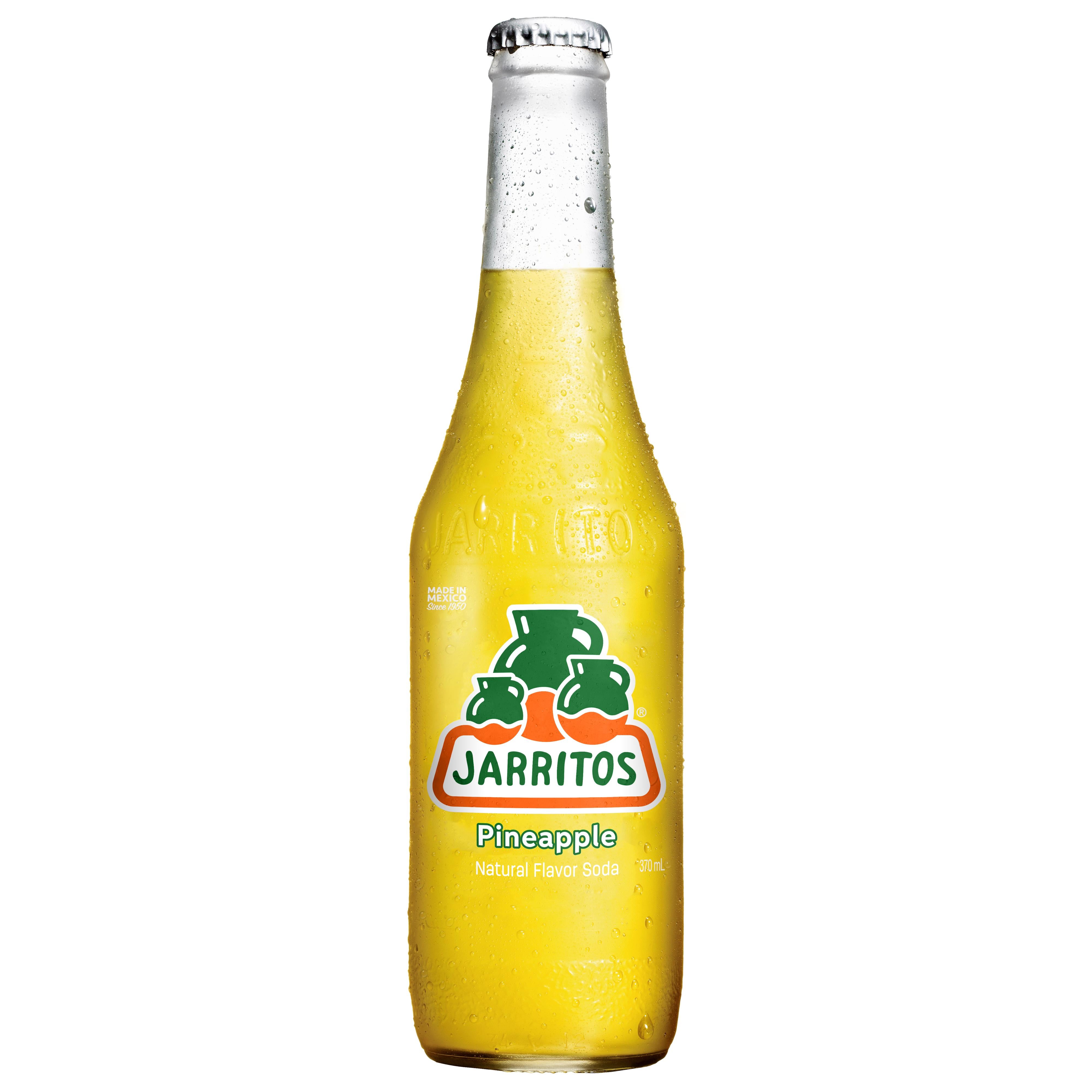 Sweaty glass bottle of Jarritos Pineapple Natural Flavor Soda, 370ml, with a silver cap.