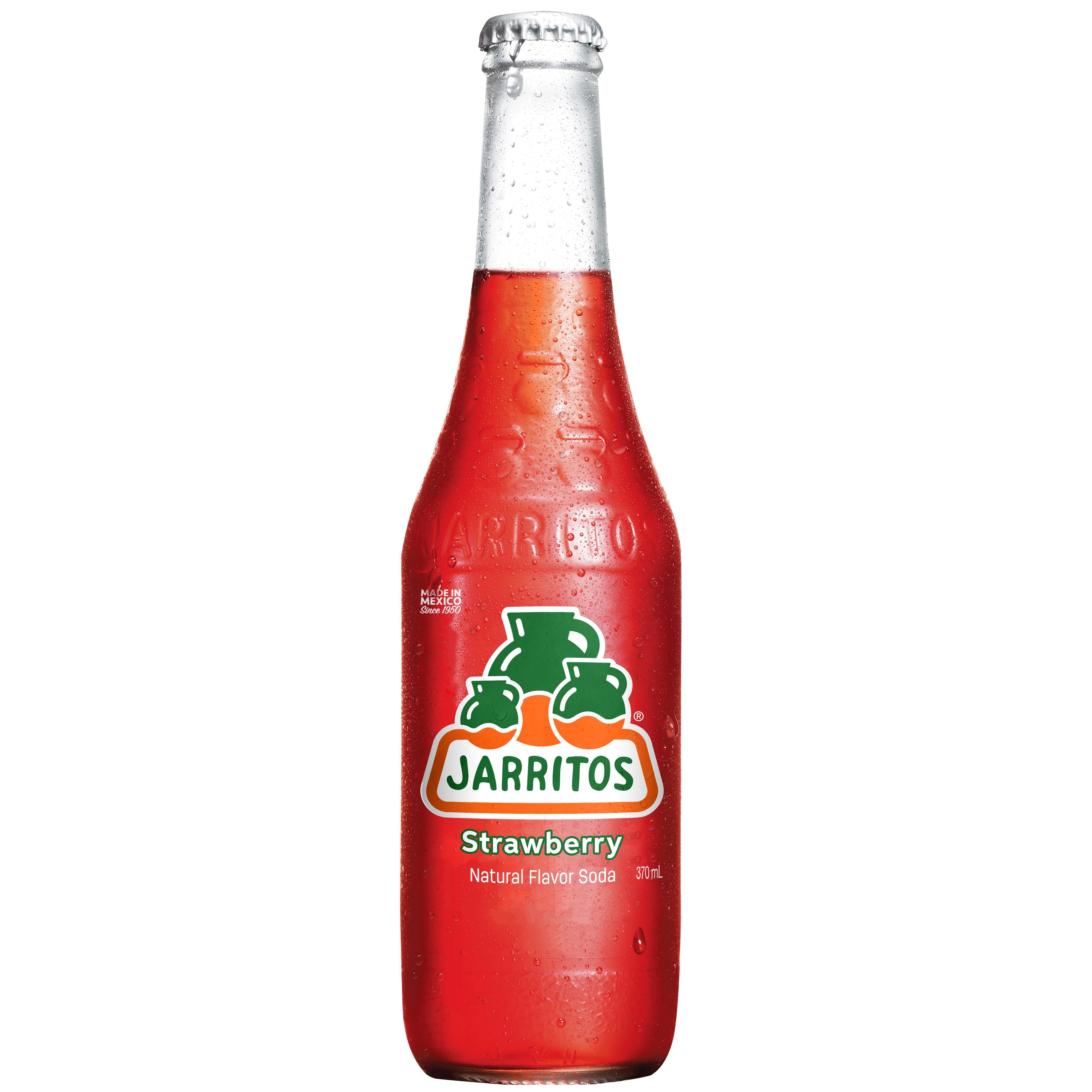Jarritos Strawberry natural flavor soda in a clear 370ml glass bottle with a green and orange label.
