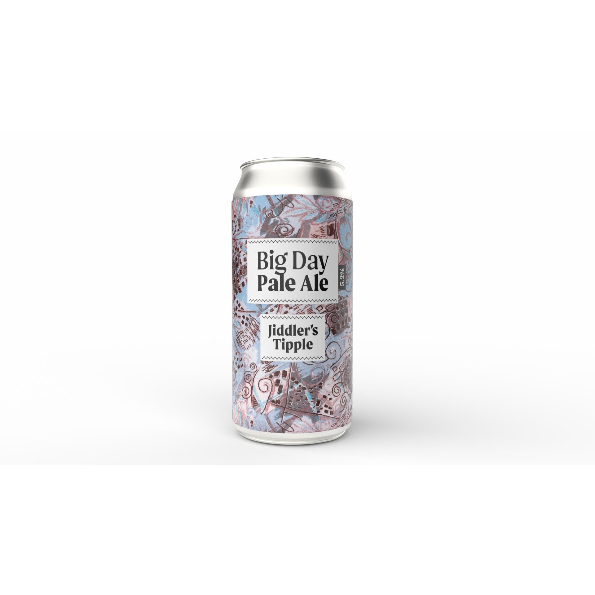 Silver 440ml Jiddler's Tipple Big Day Pale Ale IPA can with a blue, pink, and brown abstract label.