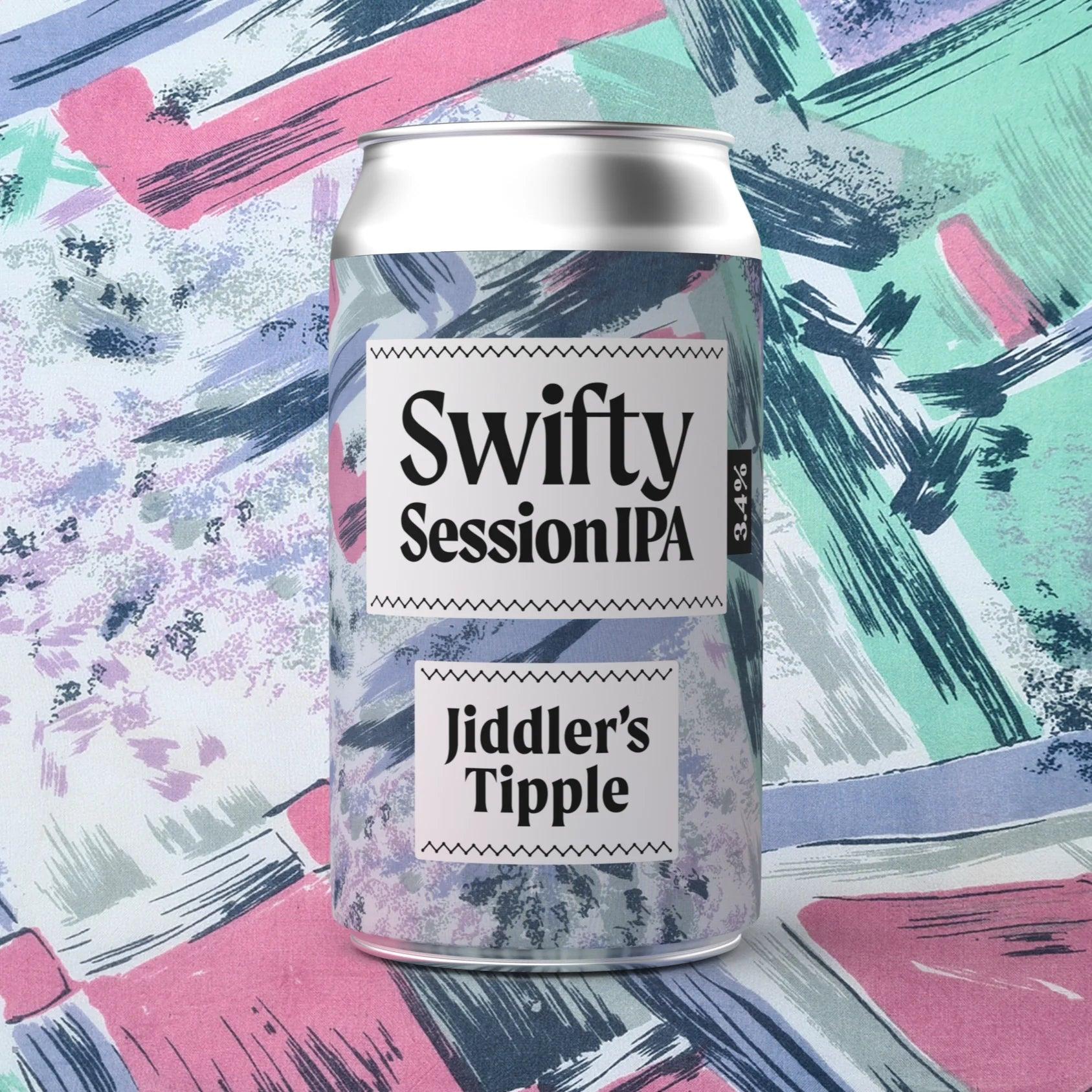 Silver can of Jiddler's Tipple Swifty Session IPA 3.4%, with a vibrant abstract label.