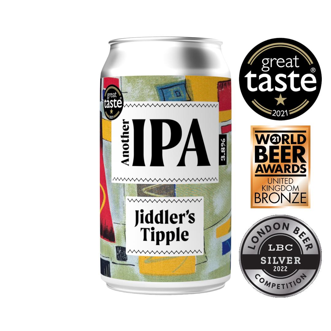 Silver Jiddler's Tipple IPA 3.8% can with colorful abstract label and award badges.