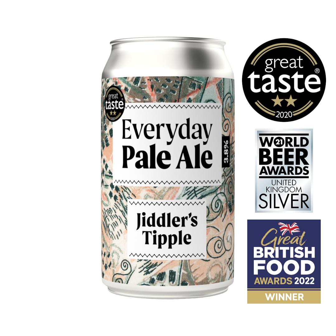 White 330ml Jiddler's Tipple Everyday Pale Ale can with abstract peach and green design, showing award badges.