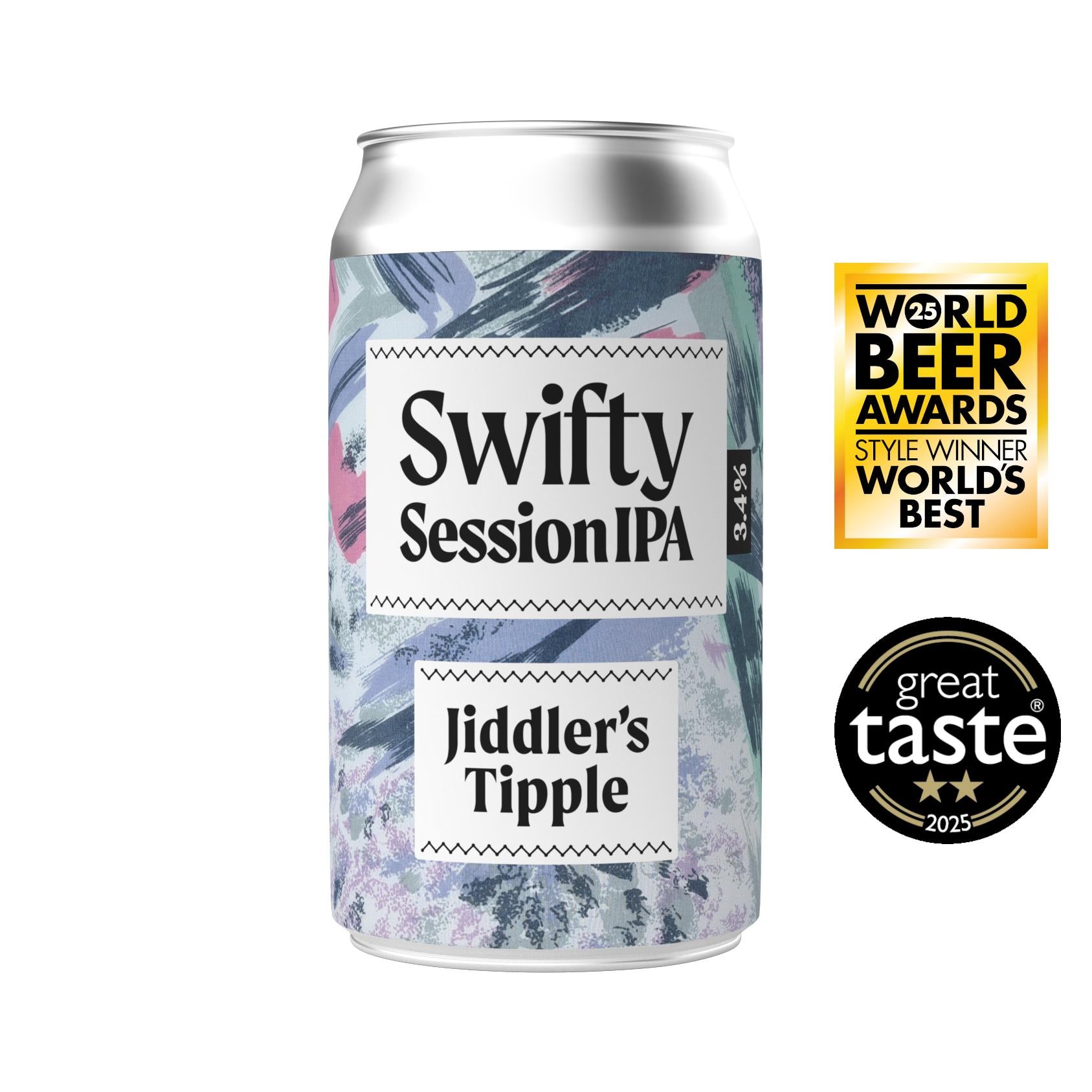 Jiddler's Tipple Swifty Session IPA 3.4% can with abstract pastel label, World Beer Awards & Great Taste badges.