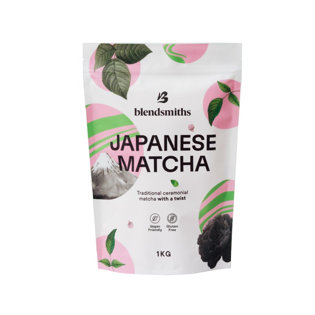 White Blendsmiths Japanese Matcha 1kg pouch with pink circles, green leaves, and Mount Fuji design.