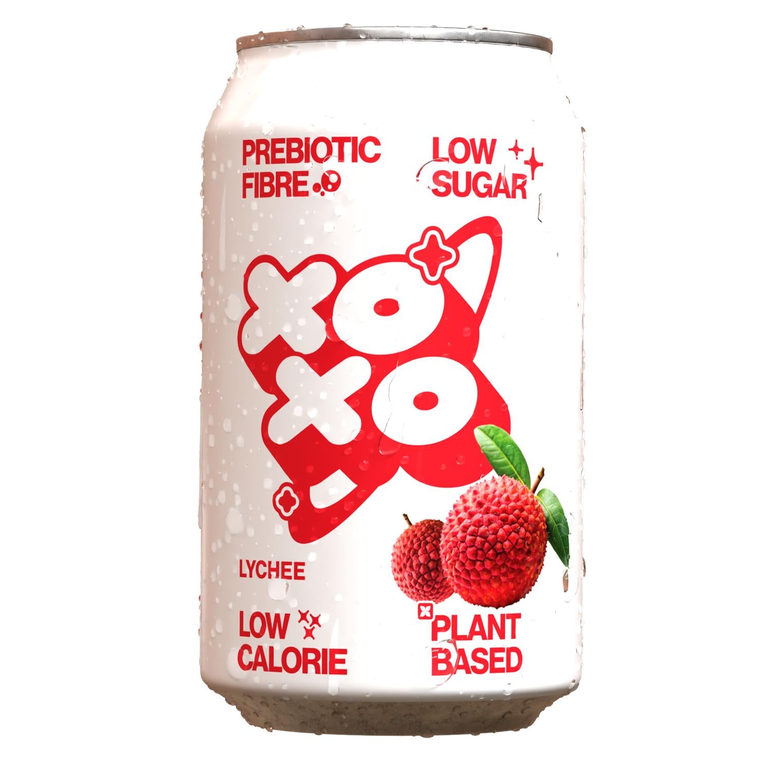 White XOXO Lychee prebiotic soda can with red logo, "Low Sugar," and two fresh lychee fruits.