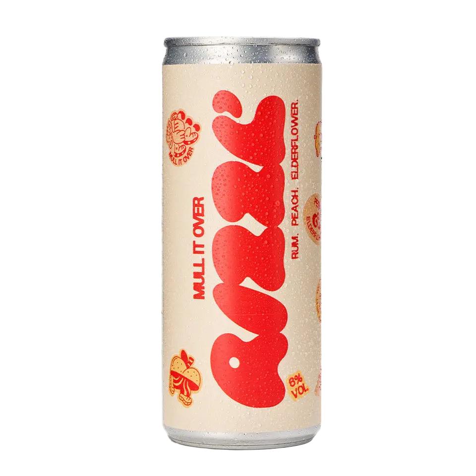 White 250ml RIZZL' rum cocktail can with red "RIZZL'" text, peach, and elderflower graphics.