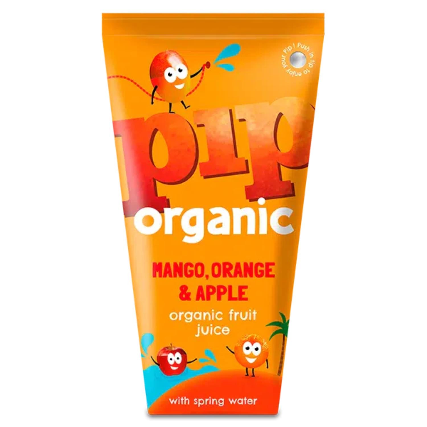 Orange Pip Organic fruit juice pouch with mango, orange, and apple, featuring playful fruit characters.
