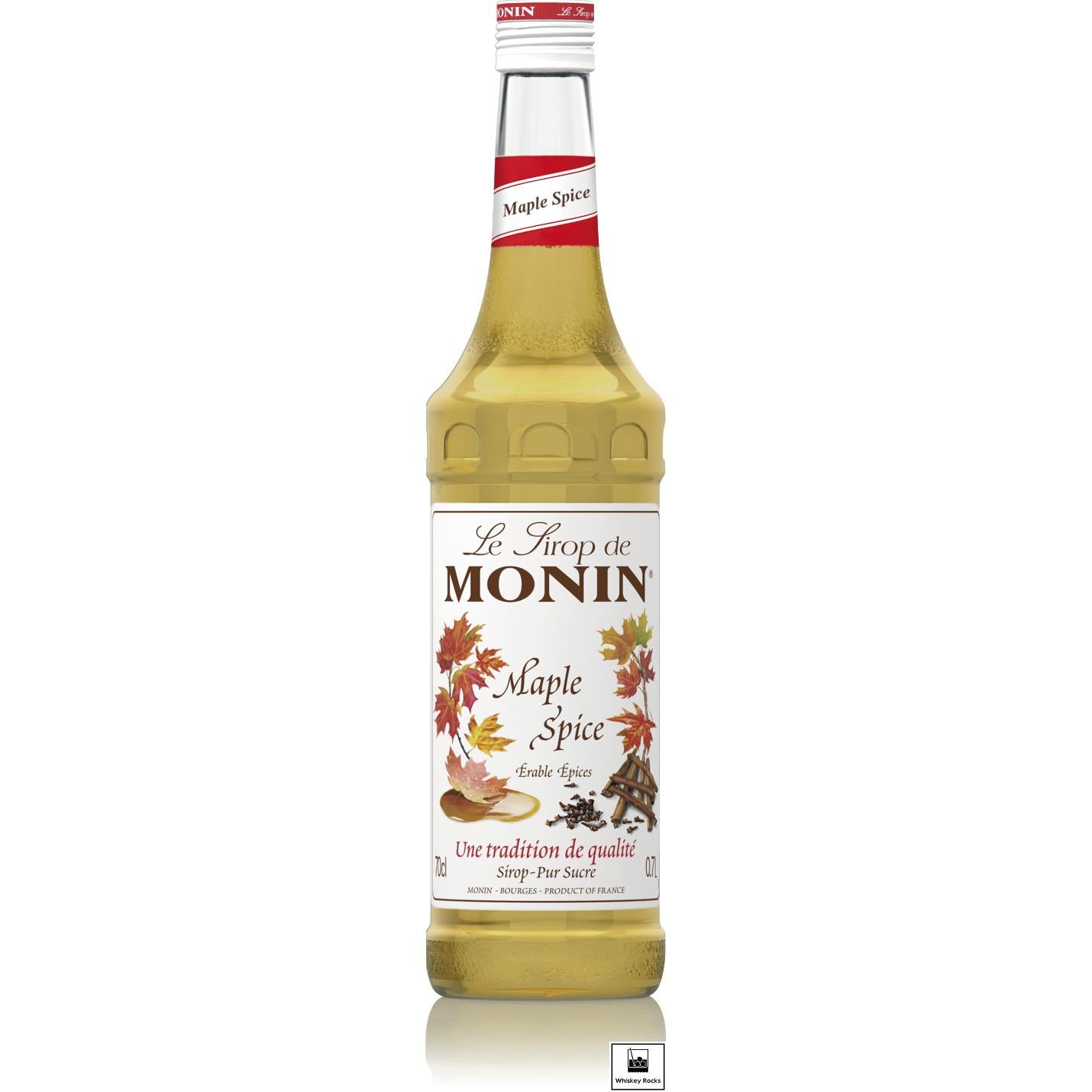 Monin Maple Spice 70cl glass syrup bottle with a white label, red accents, and autumn leaf design.