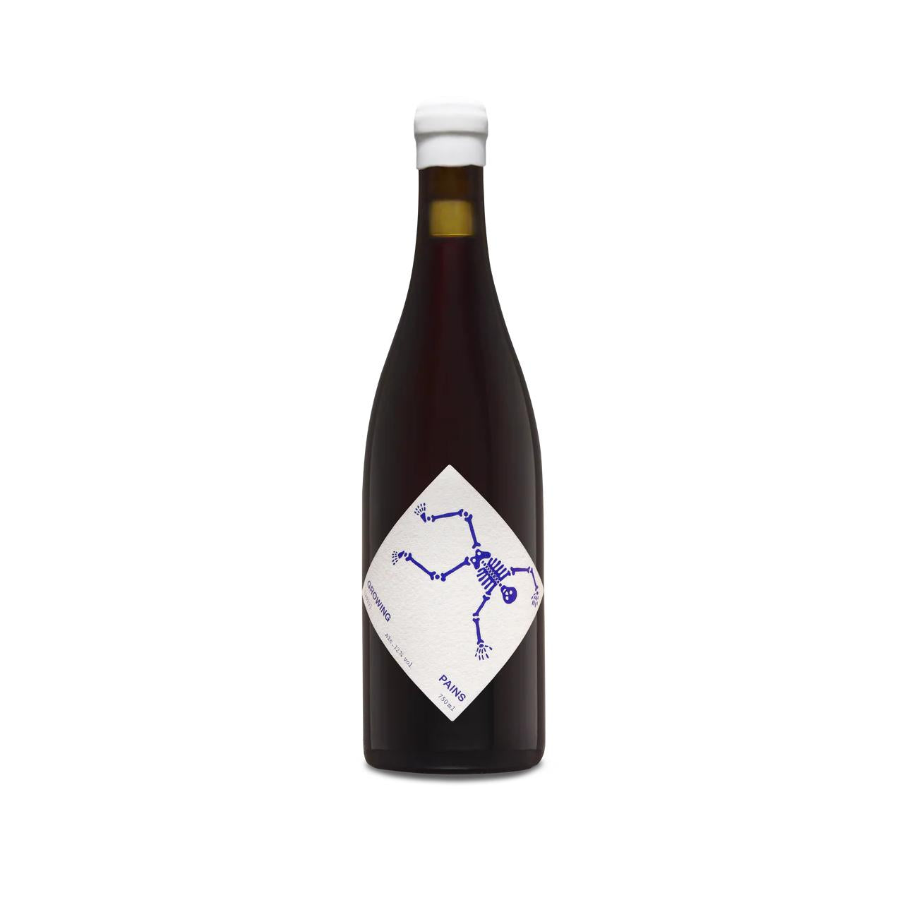 New Theory Wines Growing Pains Cinsault, 750ml, with a white label featuring a blue skeleton design.