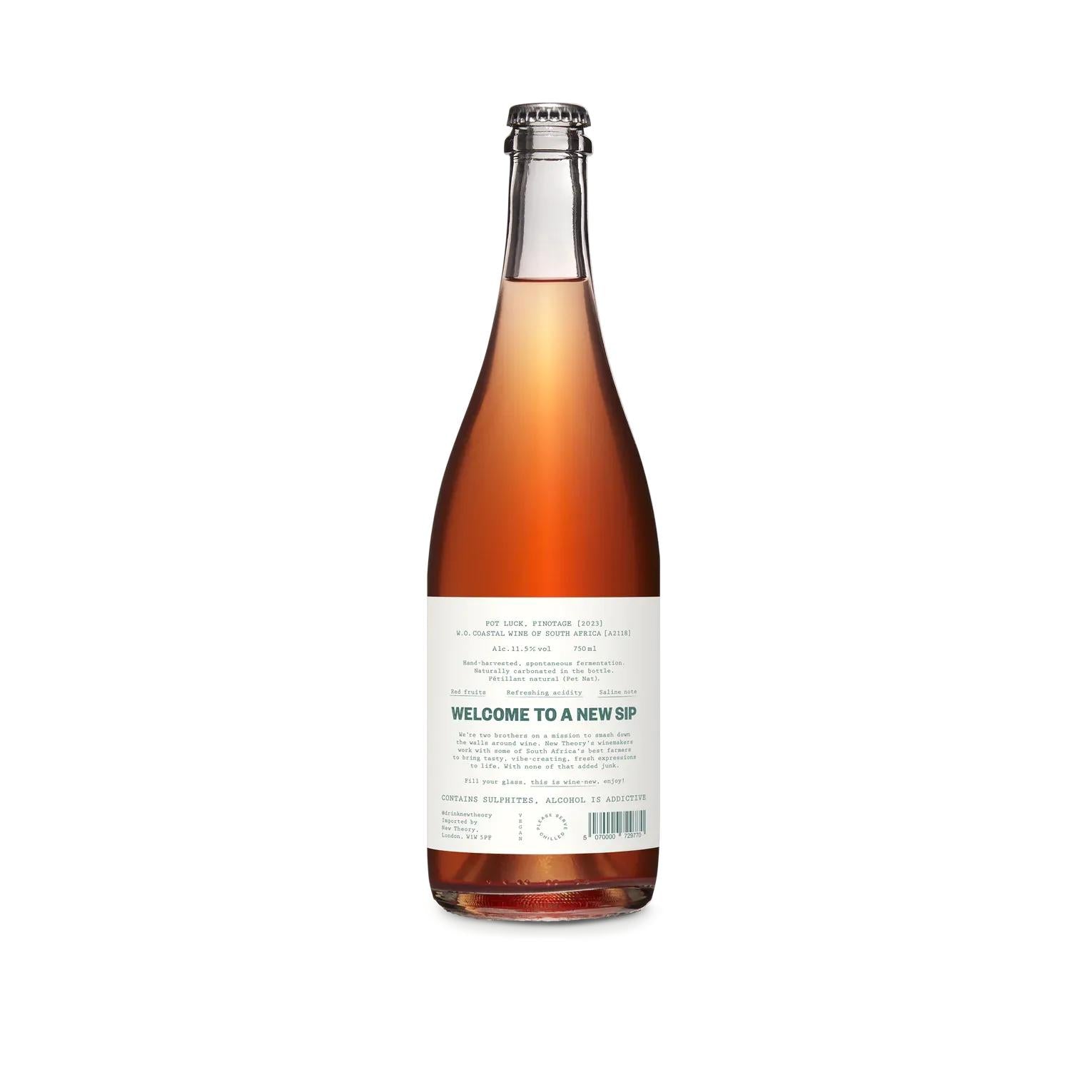 New Theory Wines Pot Luck Pinotage Pet Nat, a 750ml bottle of sparkling rosé wine with a white label.