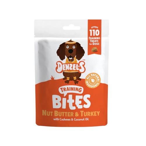 White and orange Denzel's Training Bites pouch with a cartoon dog, "Nut Butter & Turkey" flavor.