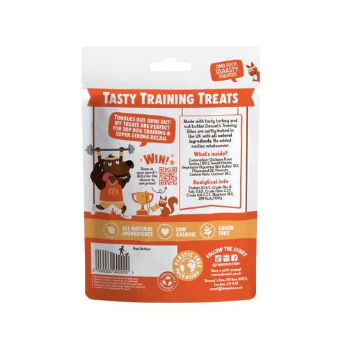 Denzel's Nut Butter & Turkey Training Bites, 100g orange and white pouch with product details.