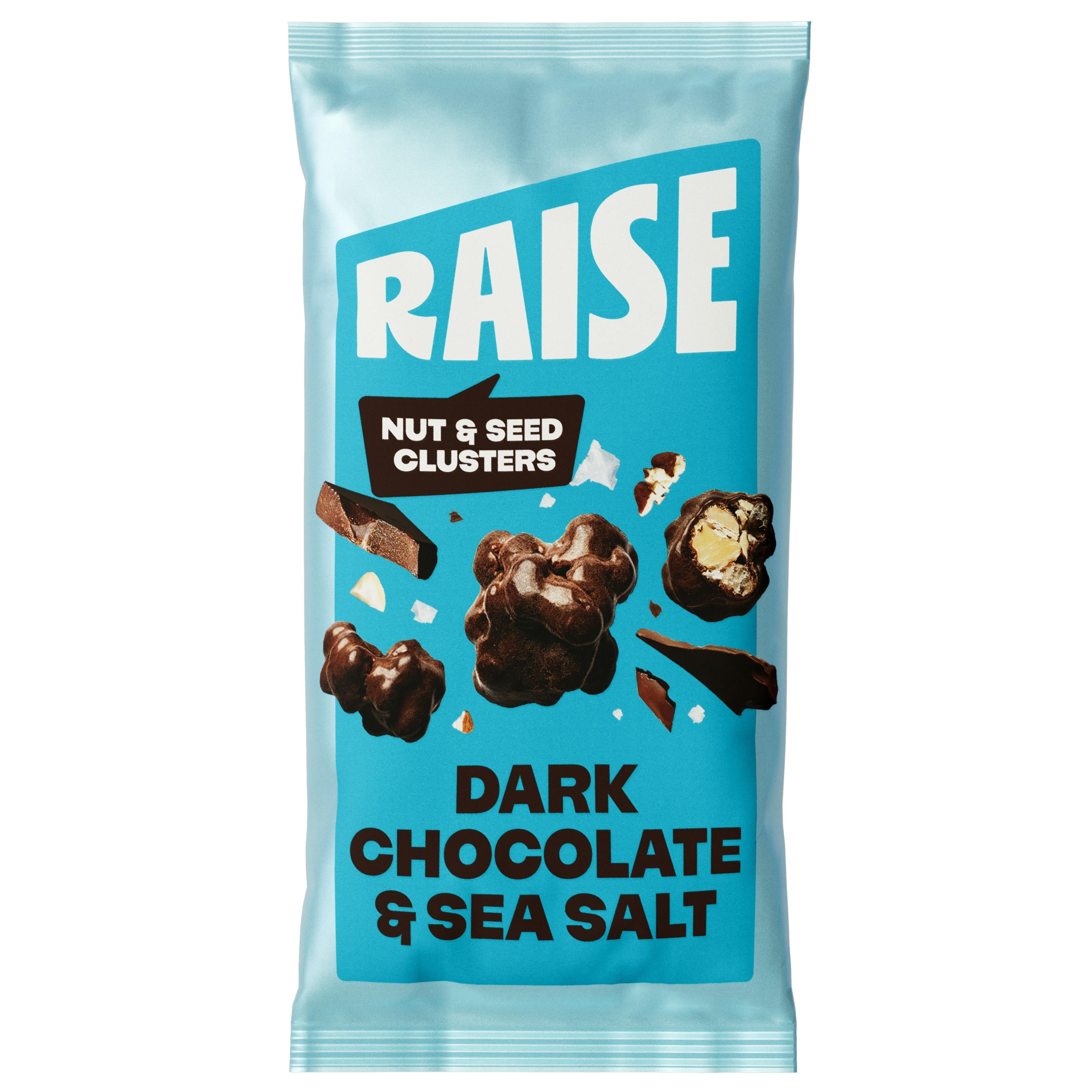 Raise Snacks Dark Chocolate & Sea Salt nut & seed clusters in a light blue pouch with product details.