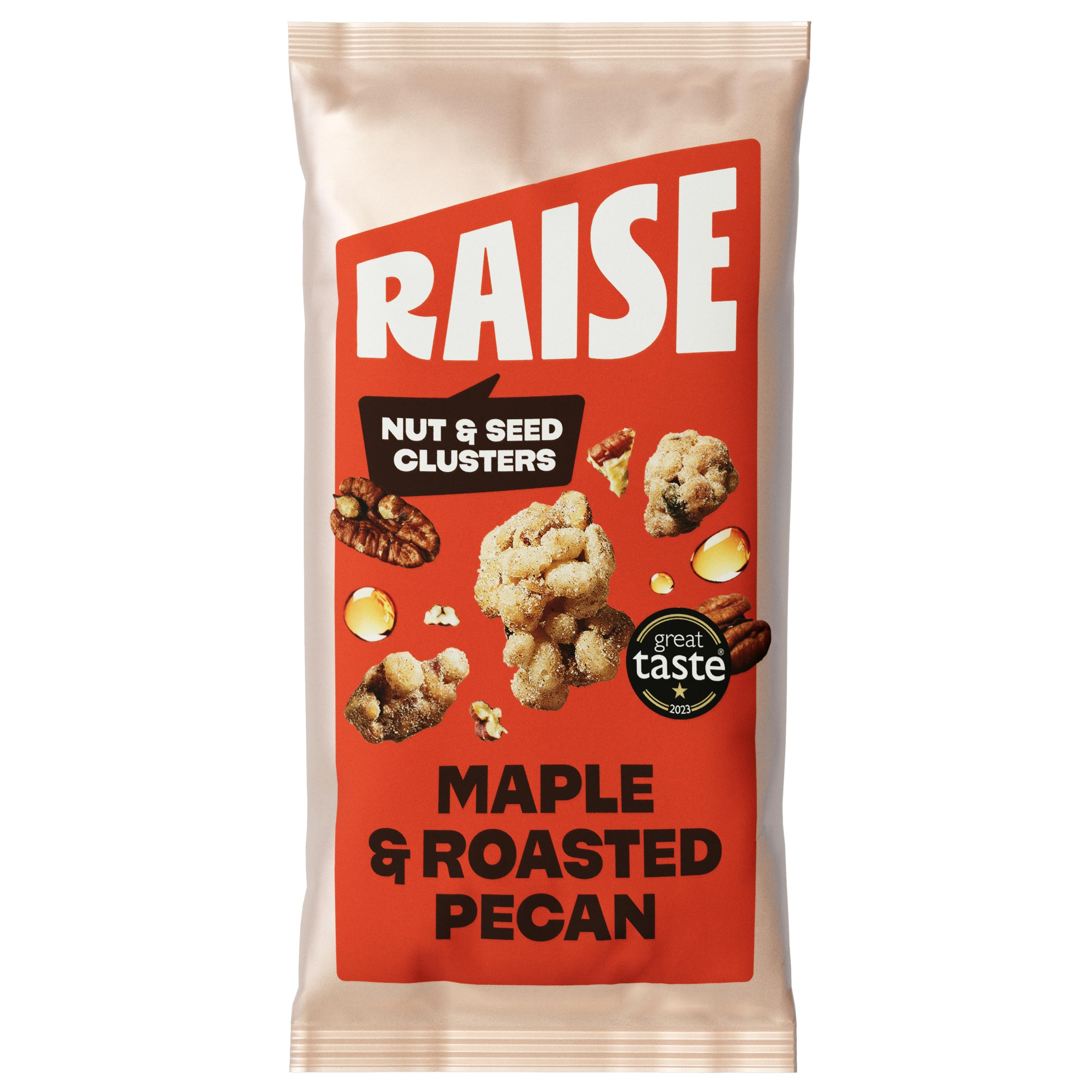 Raise Snacks Maple & Roasted Pecan nut and seed clusters in a cream and red pouch with "great taste" star.