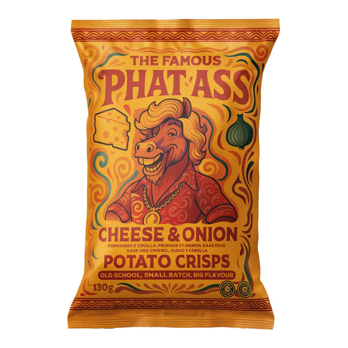 Orange PHAT ASS Cheese & Onion potato crisps bag with a smiling horse mascot, cheese, and onion graphics.