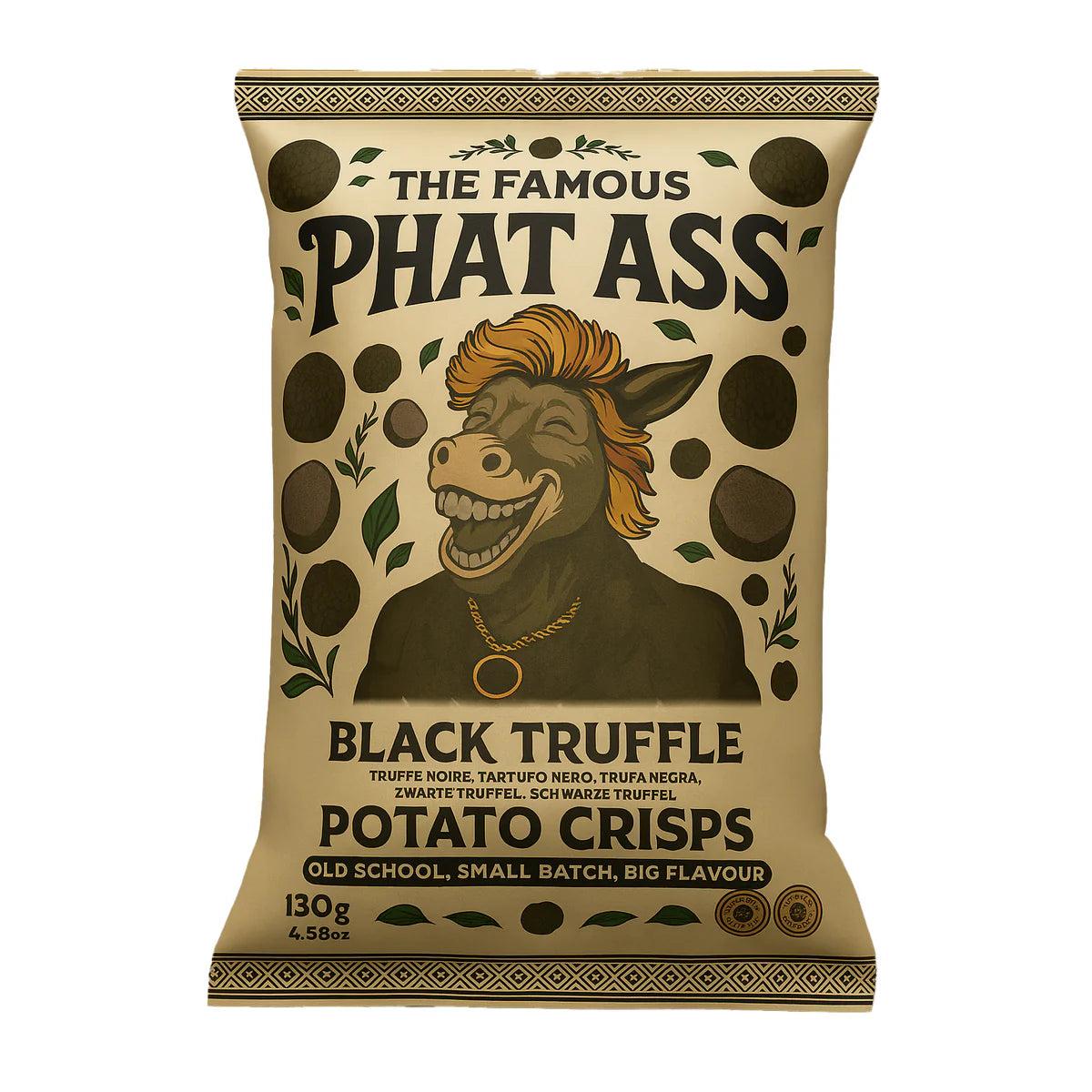 Phat Ass Black Truffle Potato Crisps bag with smiling donkey, 130g.