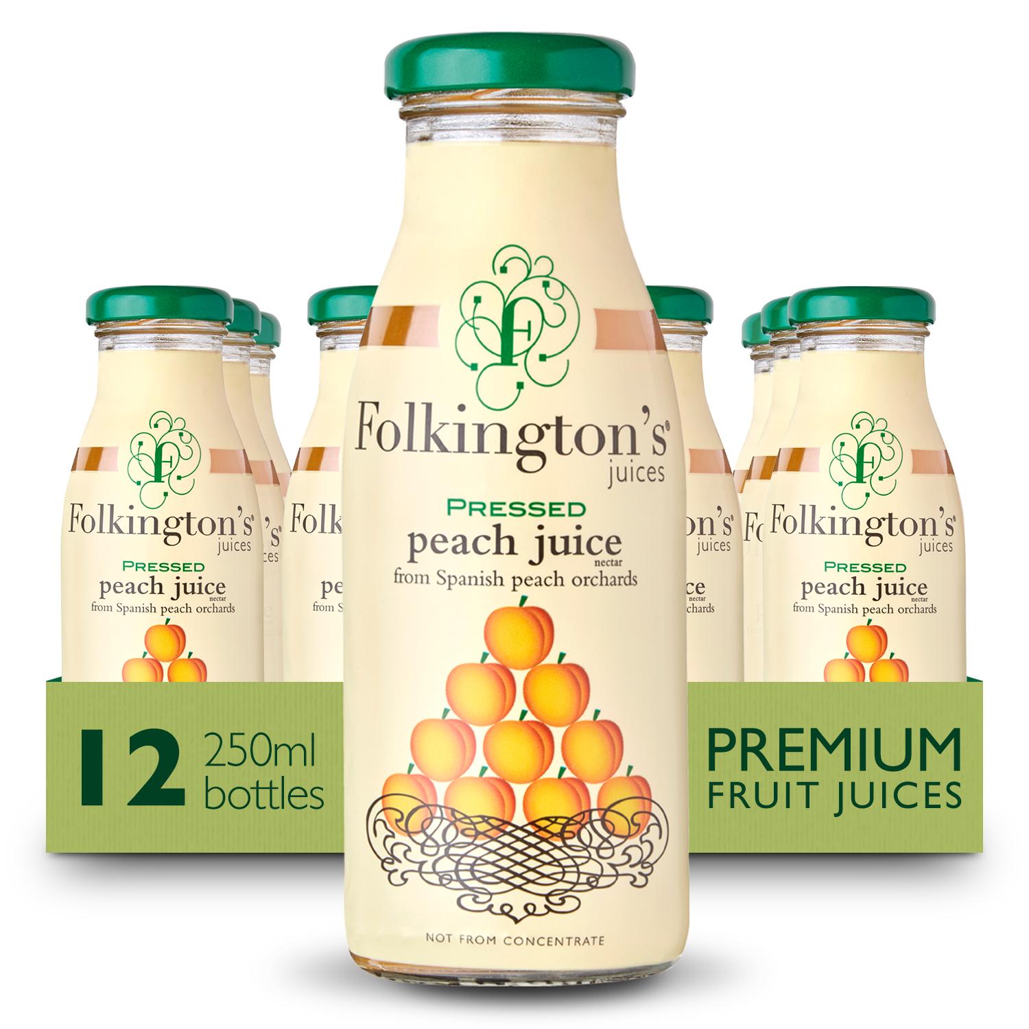 Folkington's Pressed Peach Juice, 12x250ml glass bottles with green caps and peach labels.