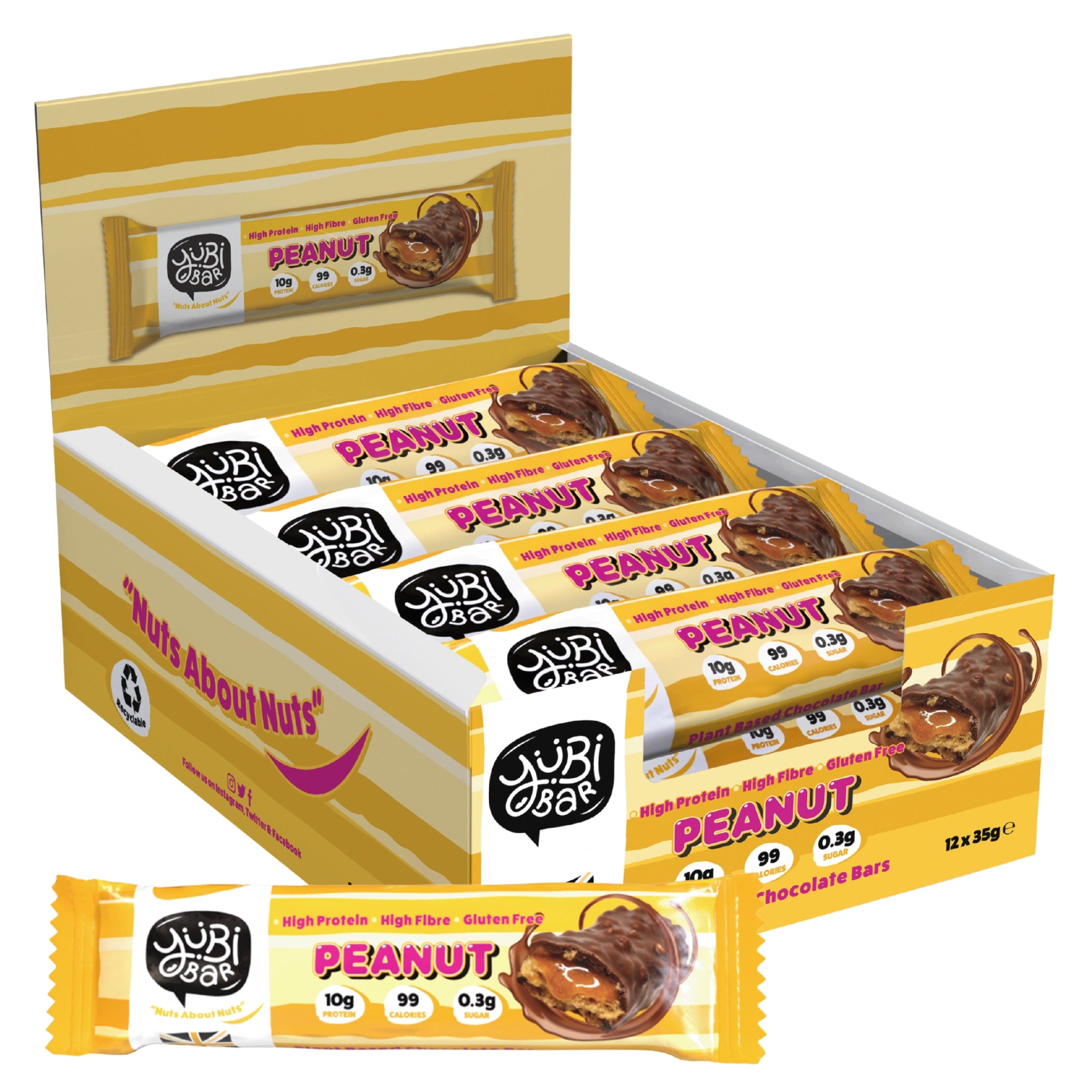 Open display box of 12 YuBi Bar Peanut Protein Bars, showing yellow wrappers with chocolate-covered bars.