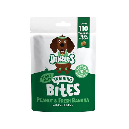 White and green Denzel's Training Bites pouch with a cartoon dog, "Peanut & Fresh Banana" flavor.