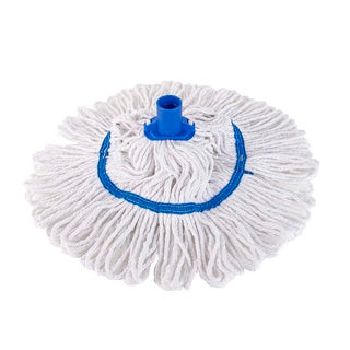 White cotton socket mop head with a blue plastic fitting and blue stitching.