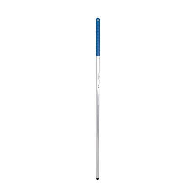 Silver aluminium screw-fit handle with a blue ribbed grip, 137cm long.