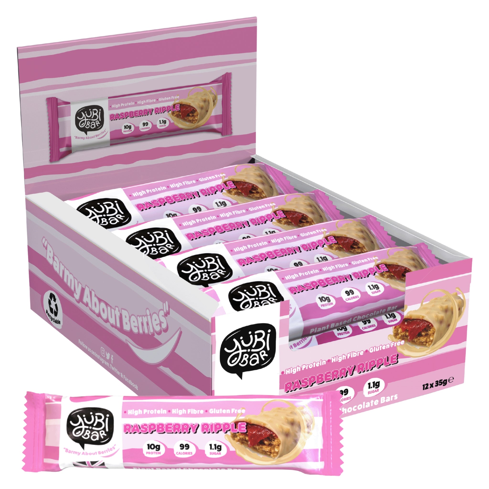 Open box of 12 pink YuBi Bar Raspberry Ripple protein bars, with one bar unwrapped showing its filling.