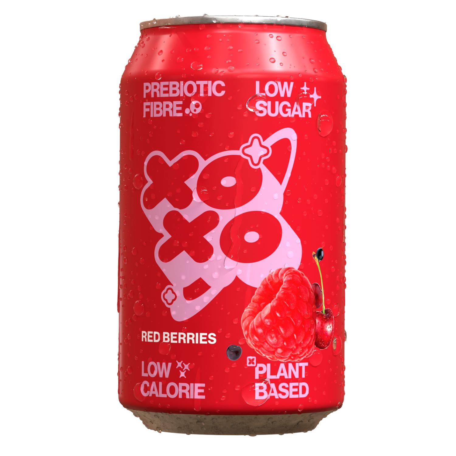 Wet red XOXO can with "Prebiotic Fibre," "Low Sugar," "Low Calorie," and "Plant Based" text. Features a raspberry and cherries.