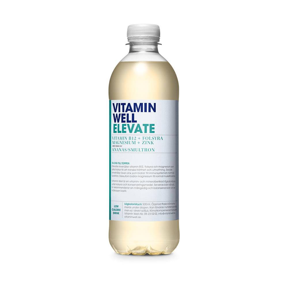 Clear plastic bottle of Vitamin Well ELEVATE Pineapple/Wild Strawberry, with a white and blue label.