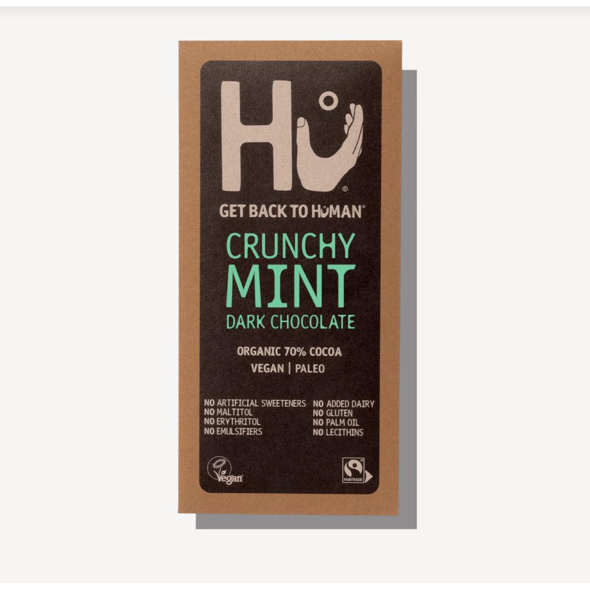 Hu Kitchen Crunchy Mint Dark Chocolate bar in brown packaging with green text.