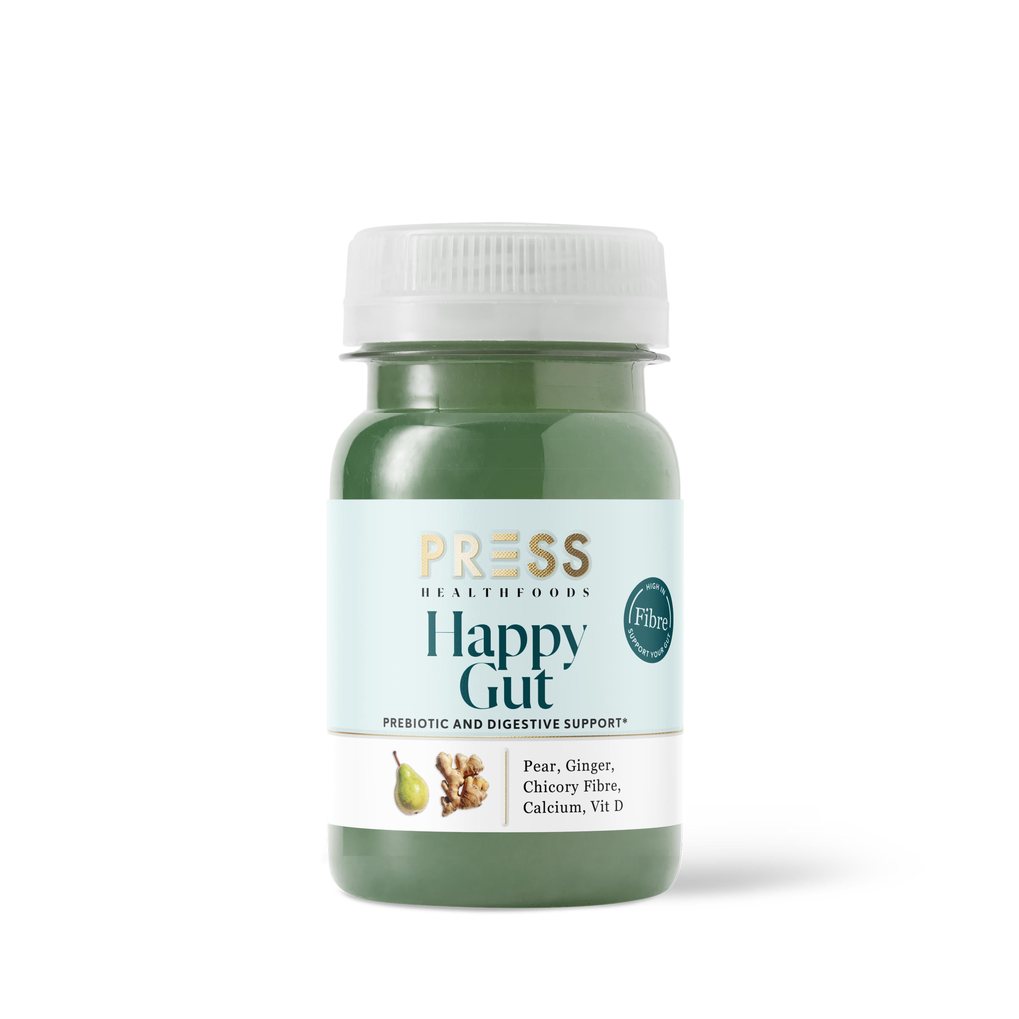 PRESS Healthfoods Happy Gut shot, green liquid in a clear bottle with white cap and label.