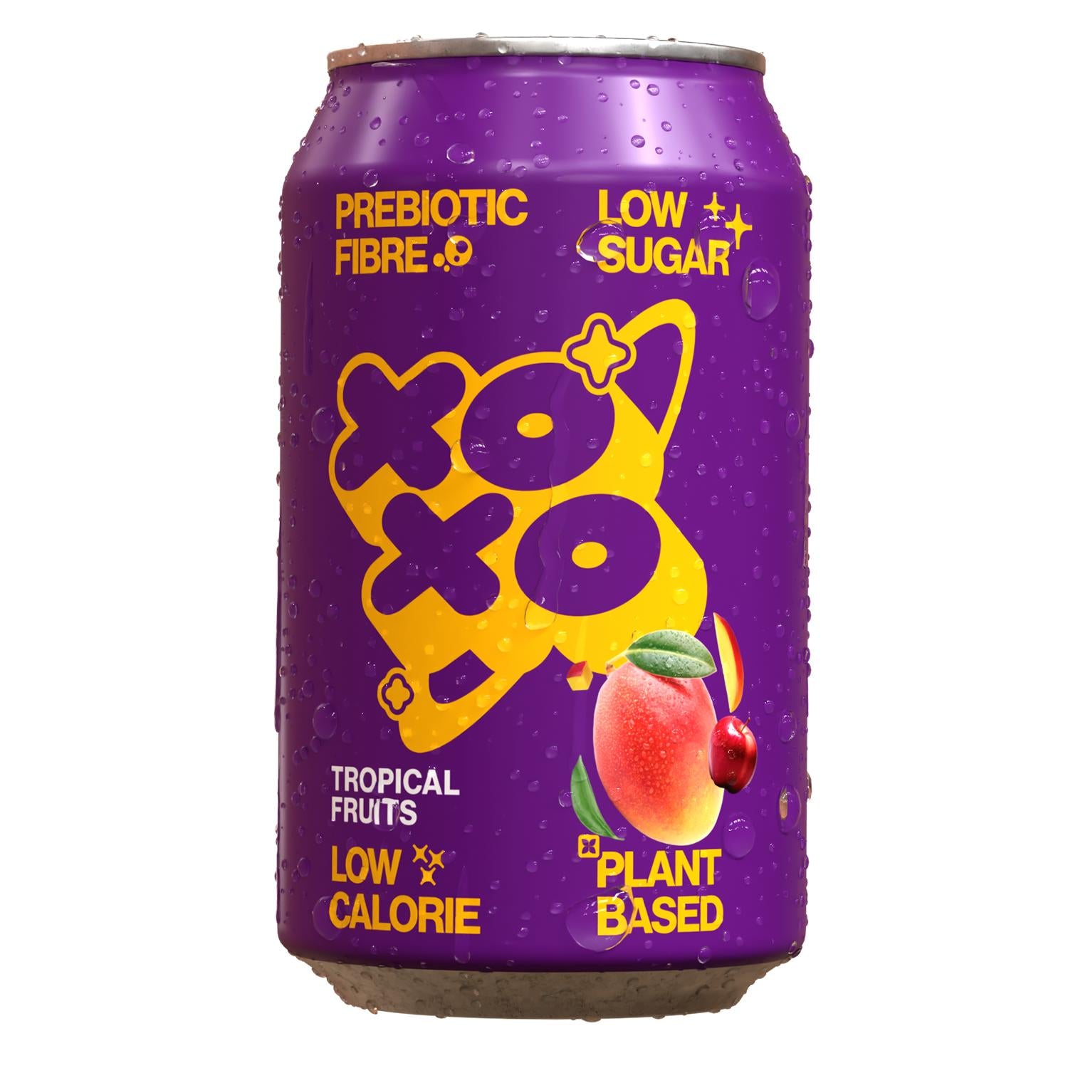 Purple XOXO Tropical 330ml can with yellow logo, mango, cherry, and water droplets.