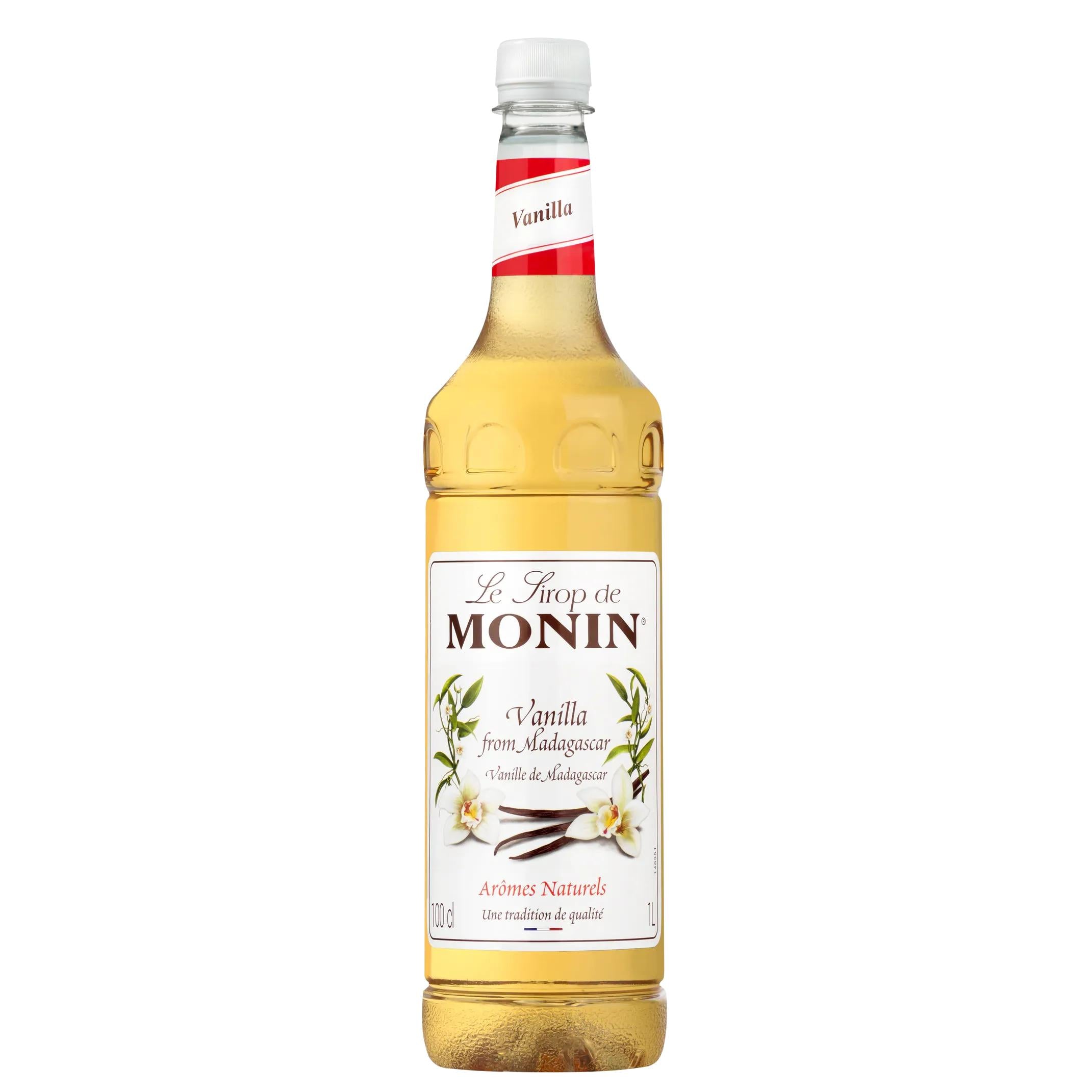 Monin Vanilla Syrup 1L in a clear glass bottle with a white cap and red label accents.