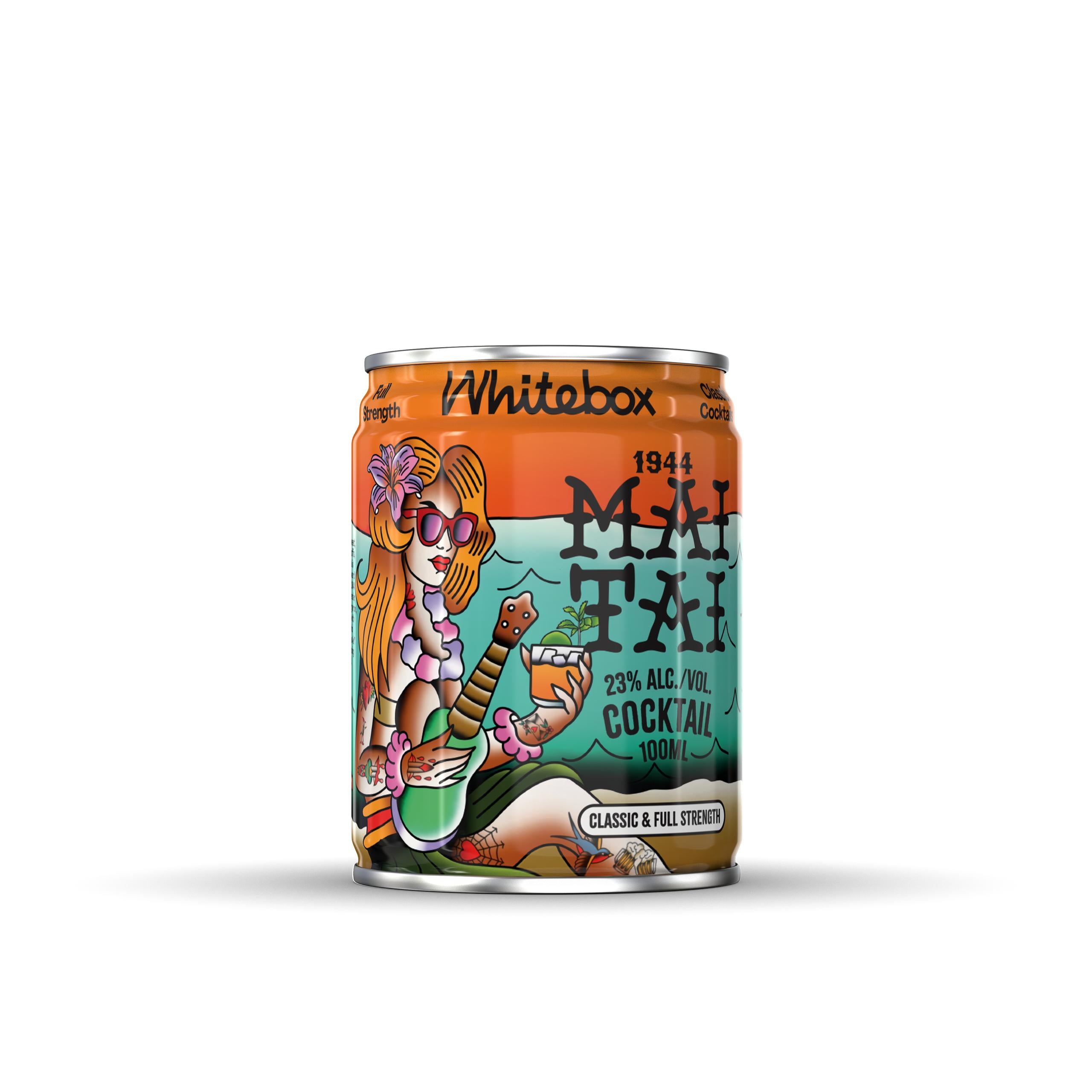 Whitebox Mai Tai 100ml cocktail can with a vibrant orange, tiki-style illustration of a woman.