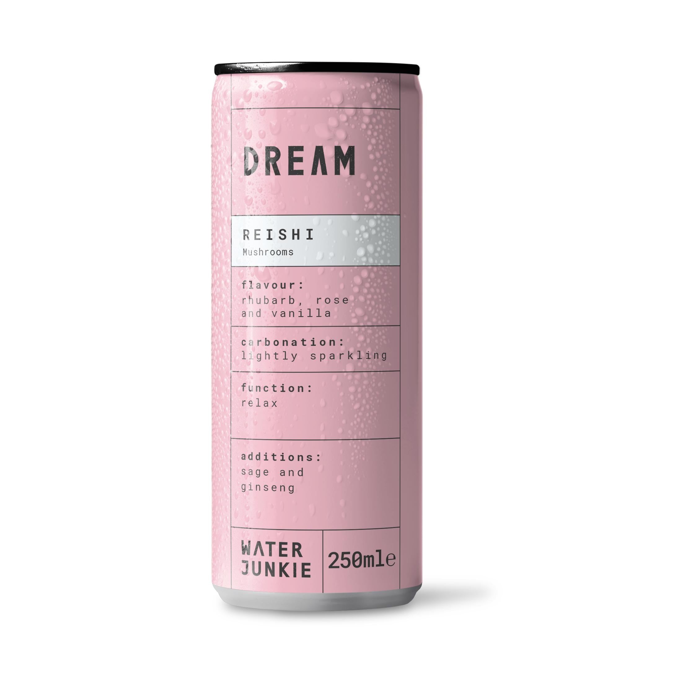 Pink WaterJunkie DREAM Reishi botanical drink can, 250ml, with condensation.