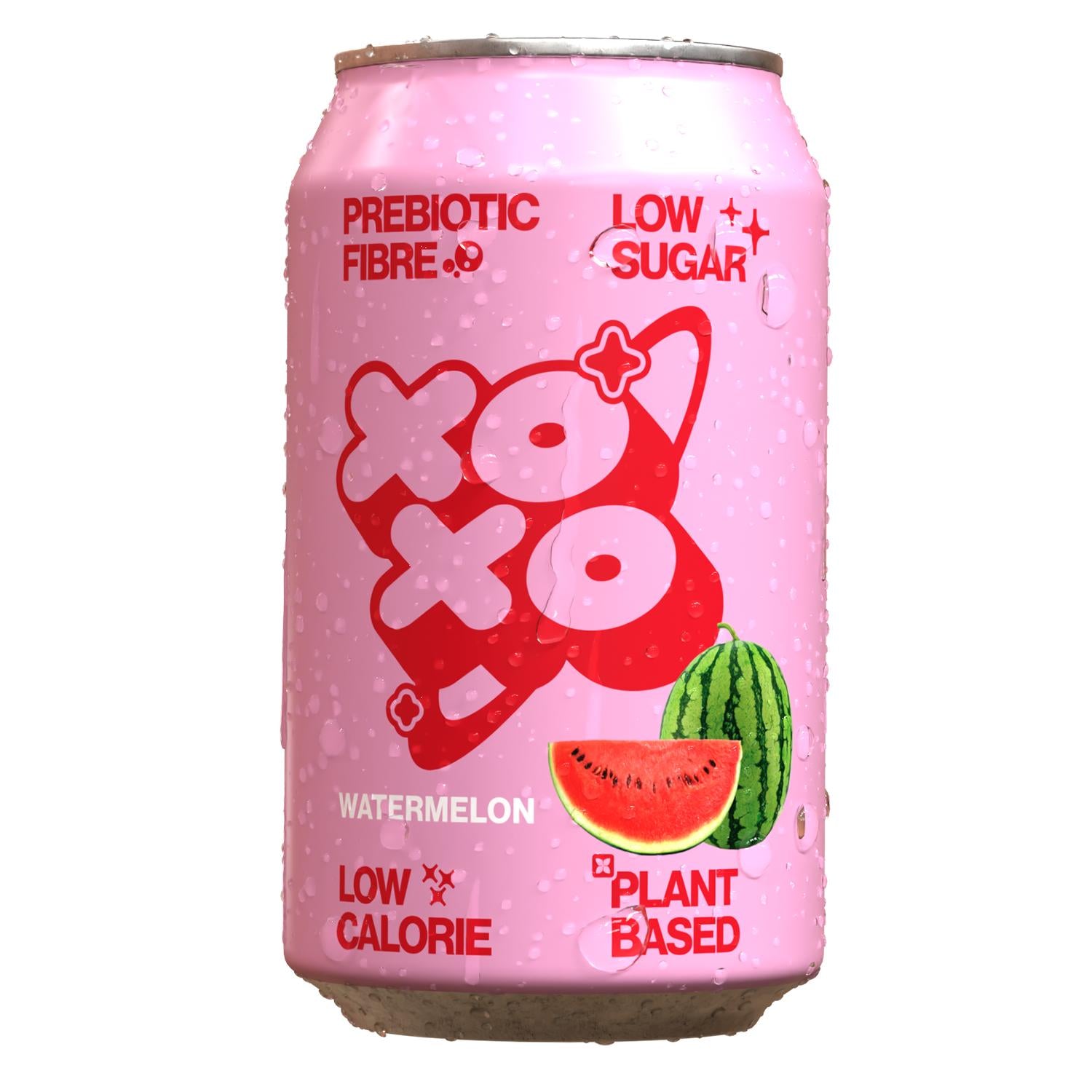 Pink XOXO watermelon prebiotic soda can with water droplets, featuring red logo and watermelon slice.