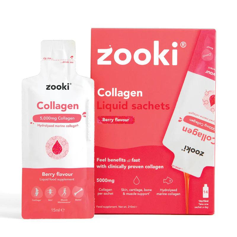 Zooki Collagen Berry Flavour liquid sachets. White pouch and red box with product details.