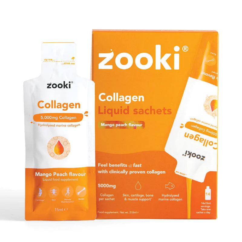 Zooki Collagen Mango Peach liquid sachets. White pouch with orange text next to an orange box.
