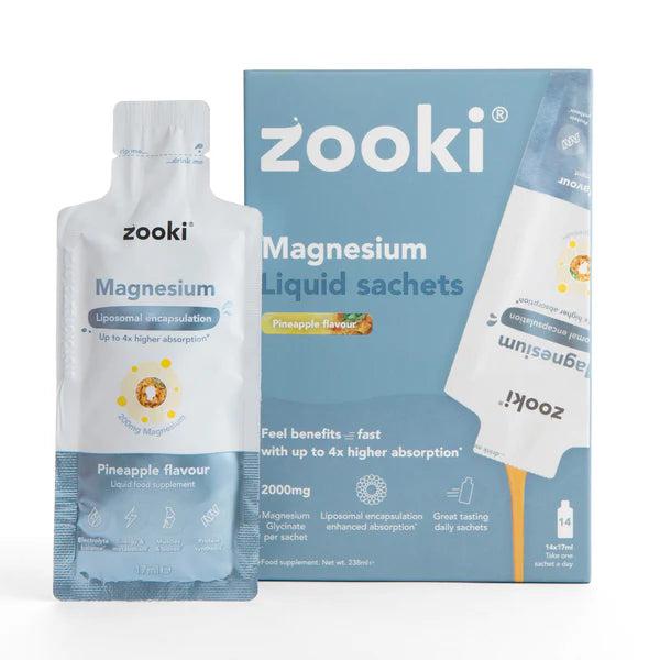 Zooki Magnesium Liquid Sachets, pineapple flavor, 20x17ml box with a single white sachet.