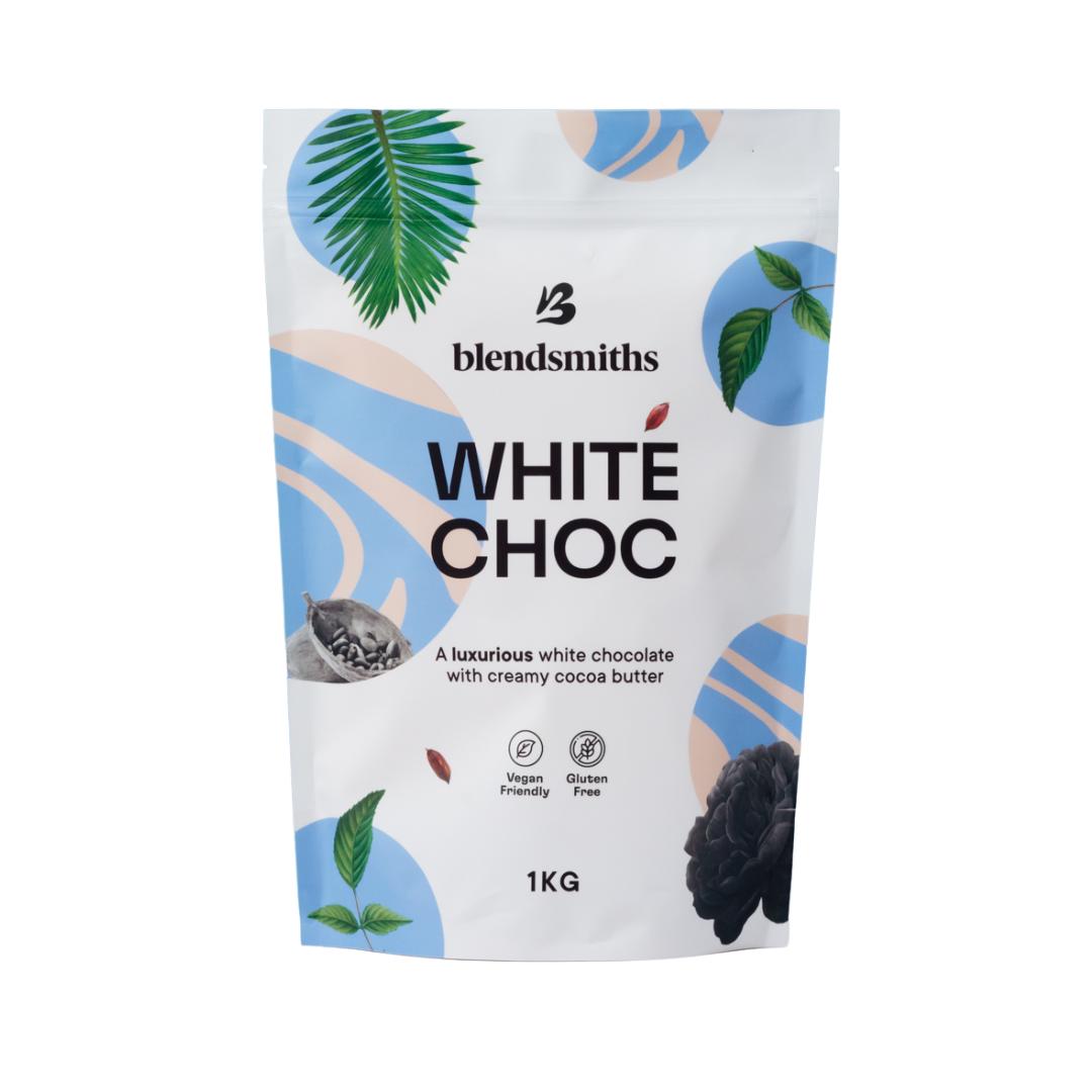 Blendsmiths Peruvian White Choc 1kg blend in a white pouch with blue and green leaf designs.