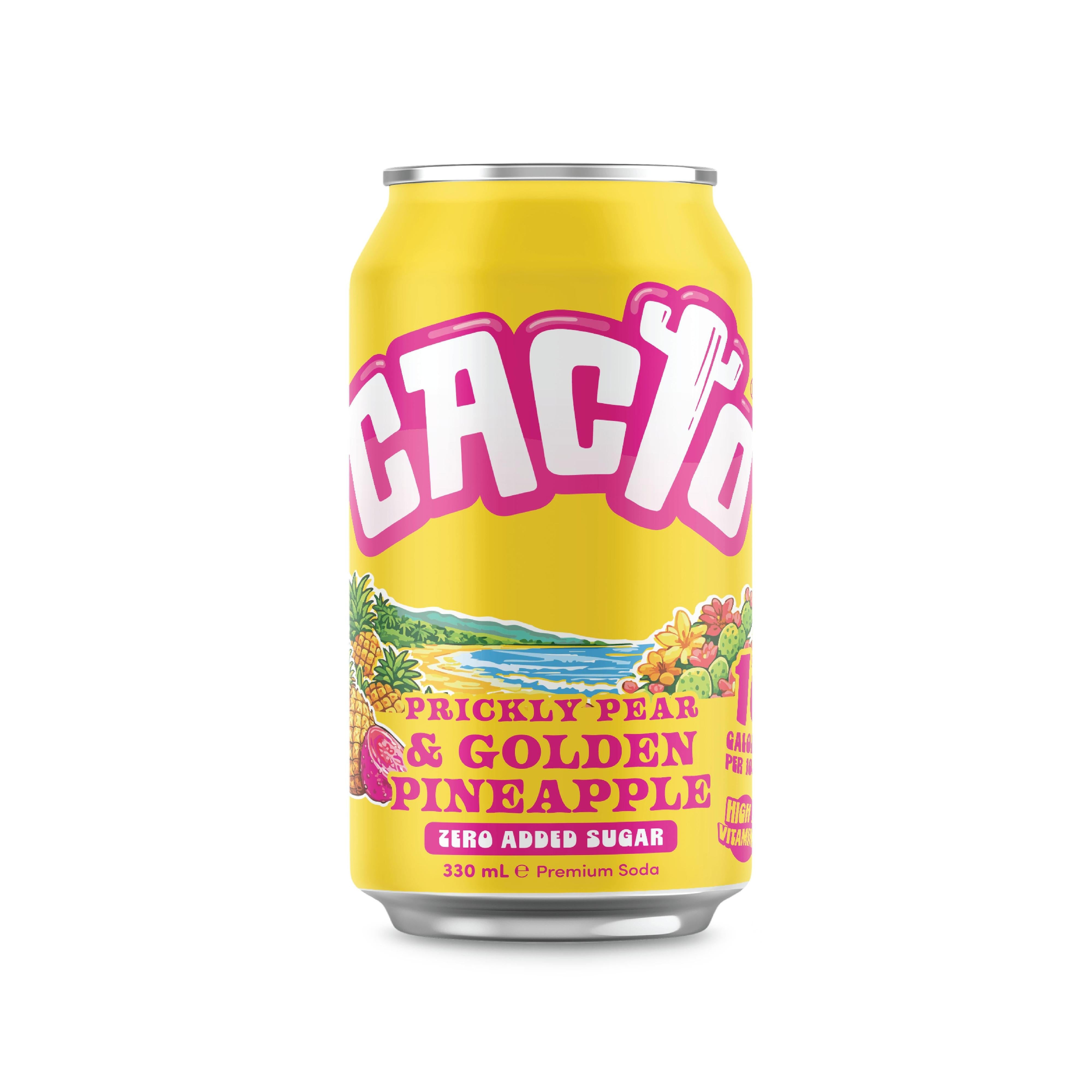 Yellow Cacto Prickly Pear & Golden Pineapple 330ml soda can with pink logo and tropical beach design.