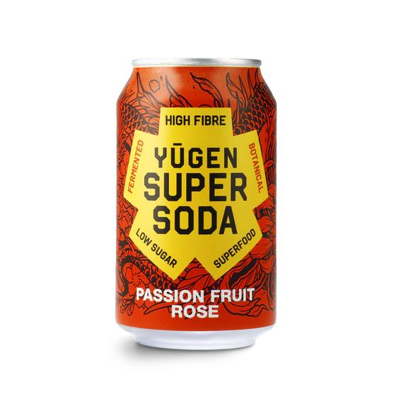 Yugen Super Soda Passionfruit Rose can, orange with yellow cross label, black botanical art.