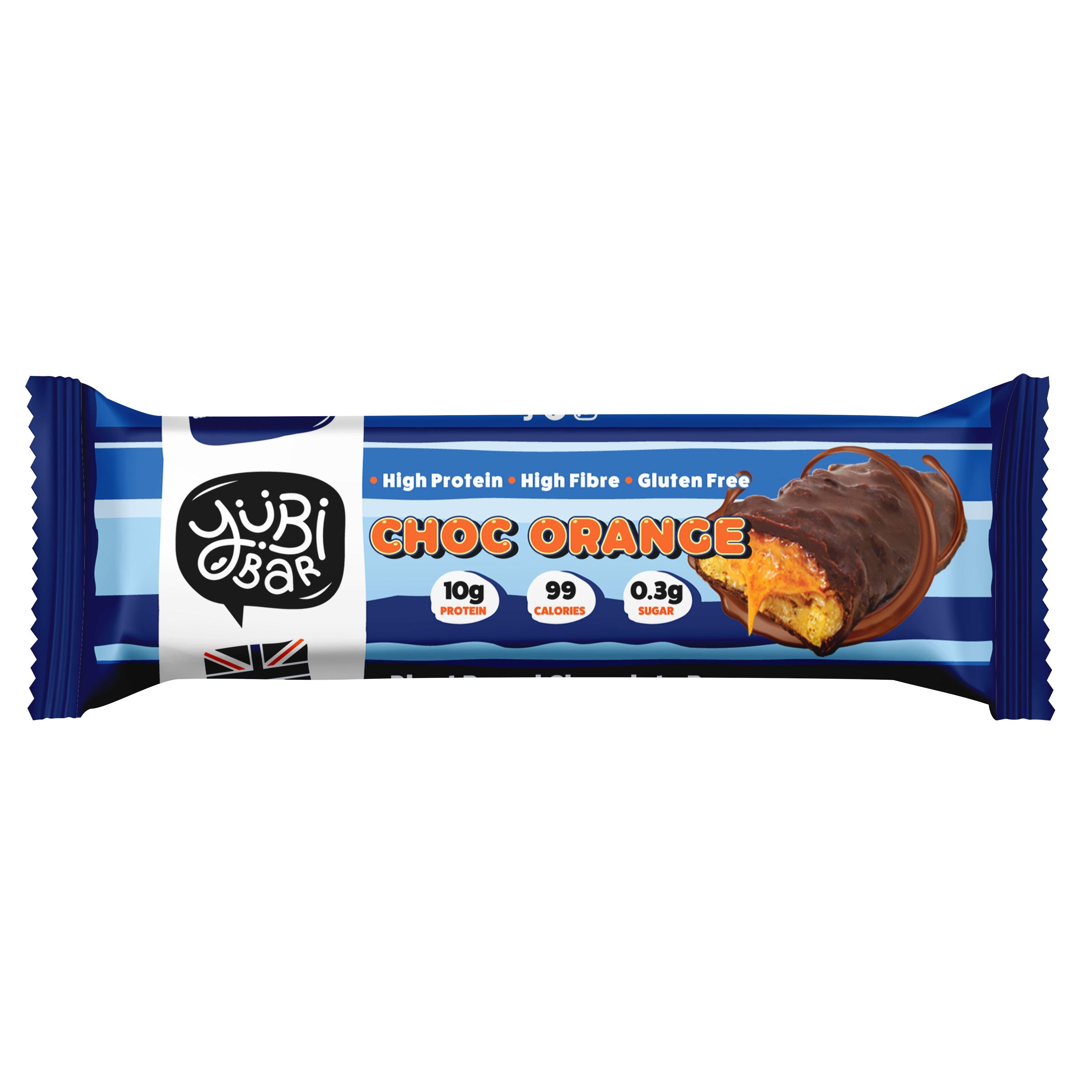 YuBi Bar Choc Orange protein bar in blue wrapper, showing a cross-section with orange caramel and chocolate coating.